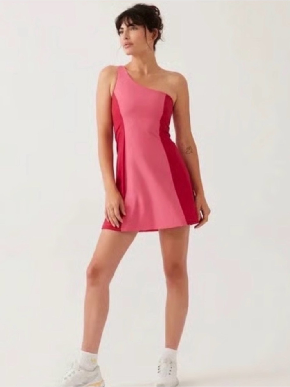 Outdoor Voices Pink/Red One-Shoulder Colorblock Mini Dress